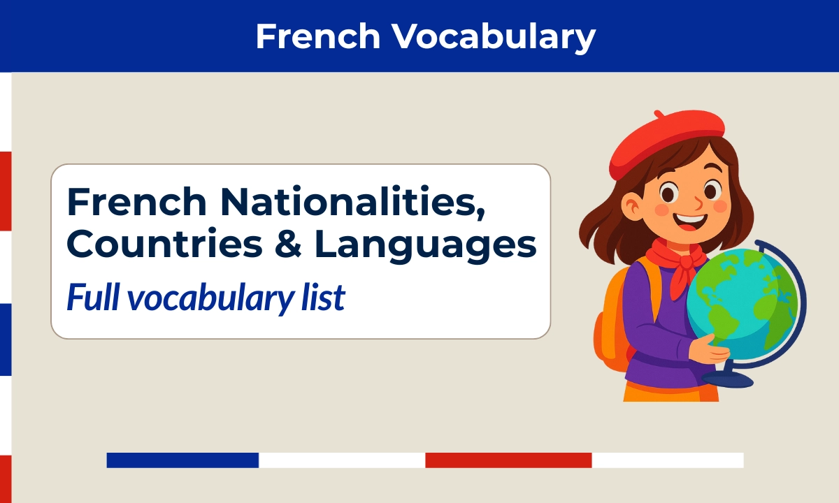 French nationalities &mdash; countries and languages vocabulary chart.