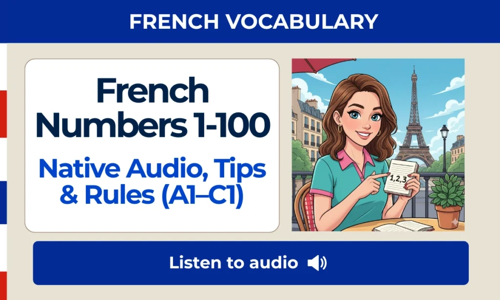 French numbers 1-100 hero image with a French teacher in a Paris cafe, pointing to the numbers lesson on a notebook. Native audio, tips, and rules are provided by David Issokson.