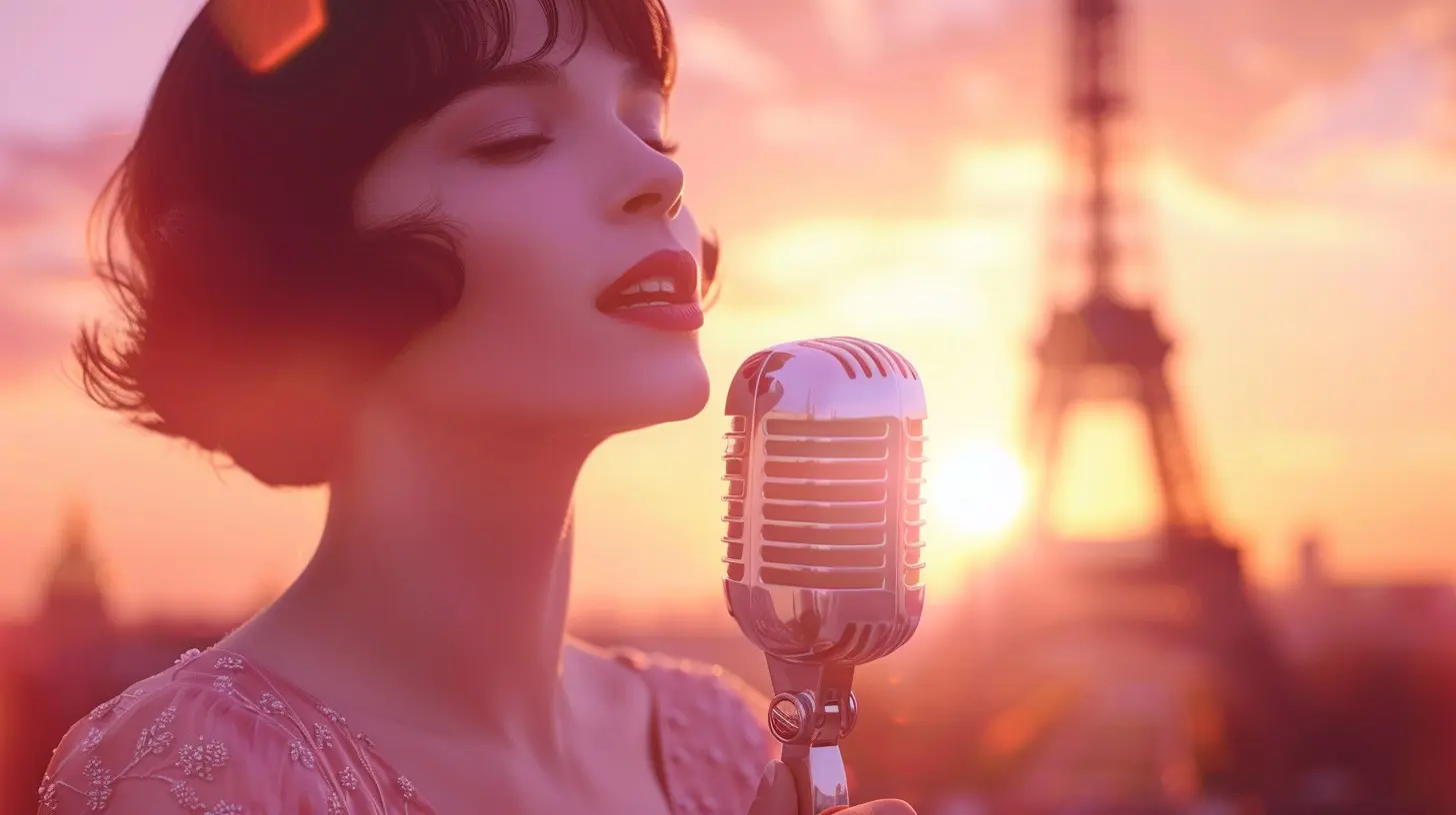 Woman singing in Paris in front of the Eiffel Tower, inspired by Edith Piaf.