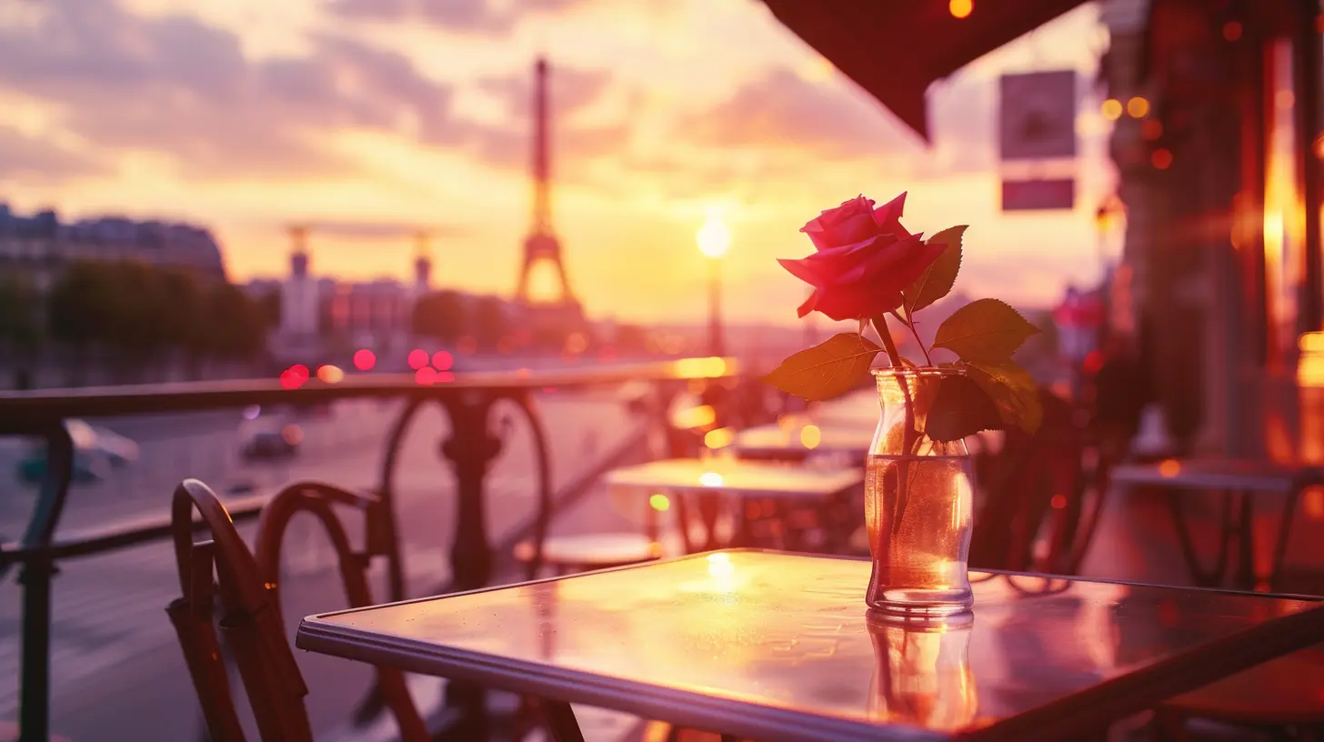 Vintage Paris caf&eacute; scene at sunset with a rose on the table, inspired by La Vie en Rose