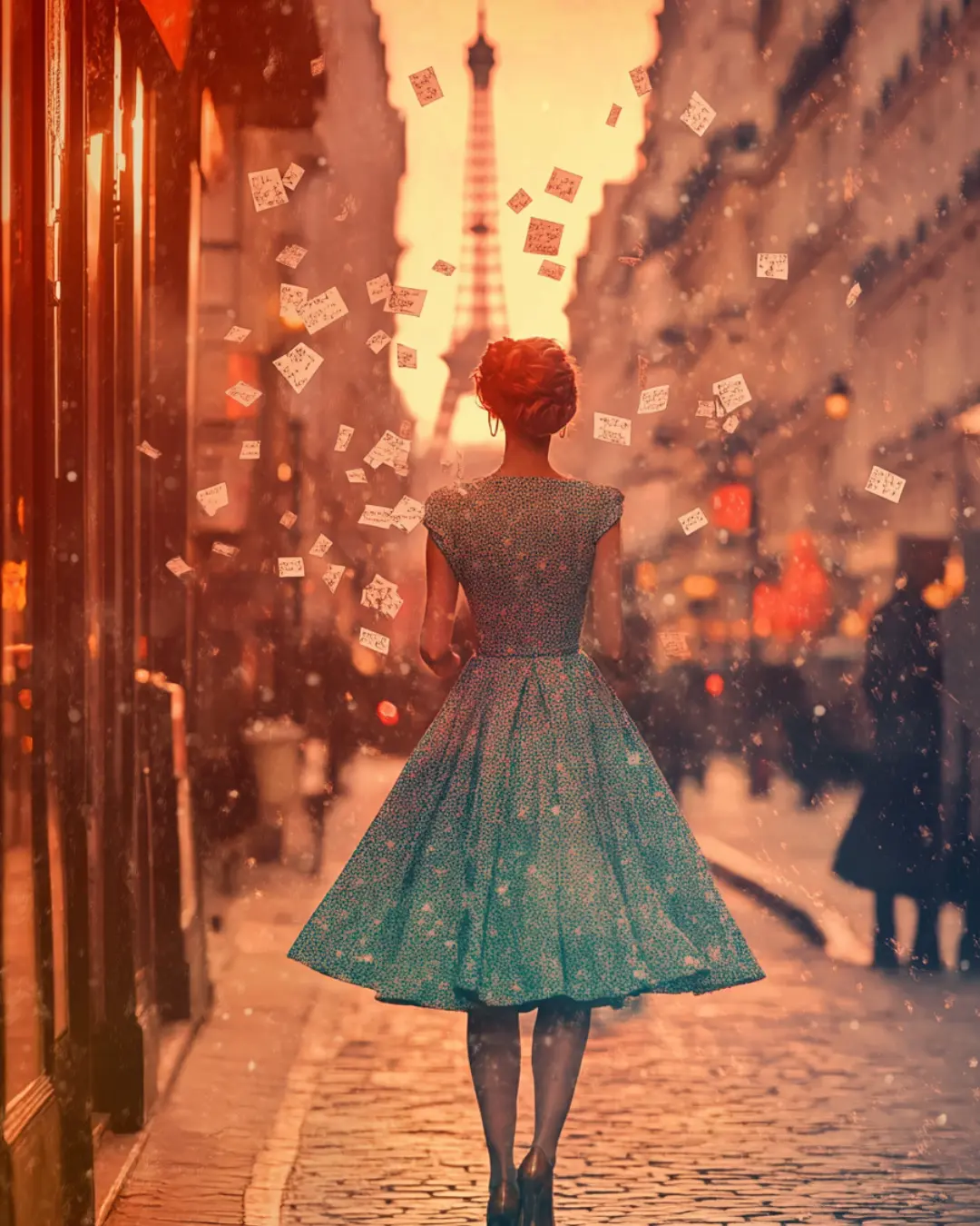 French woman in elegant 1960s dress tossing handwritten letters into the wind at sunset, Eiffel Tower in the background.
