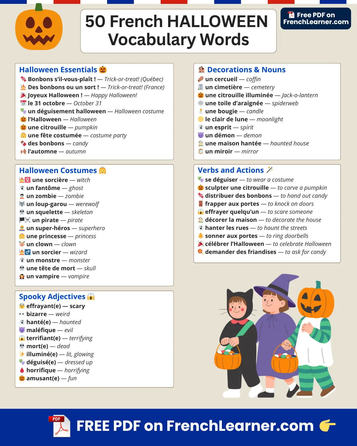 French Halloween vocabulary chart with 50 words
