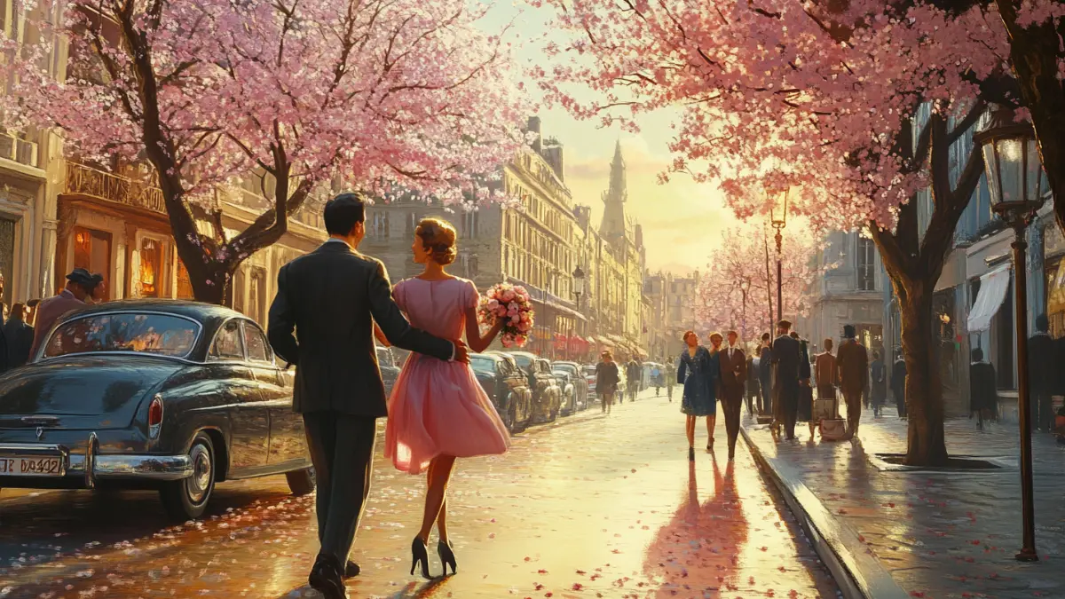 A romantic 1950s Paris street scene in spring, with a couple walking arm in arm under blooming cherry blossoms, inspired by the song &ldquo;C&rsquo;est si bon.&rdquo;