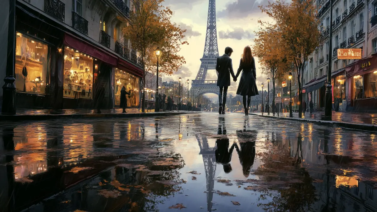 Couple walking hand in hand on a rainy Paris street towards the Eiffel Tower, inspired by Jacques Brel&rsquo;s song Ne me quitte pas.