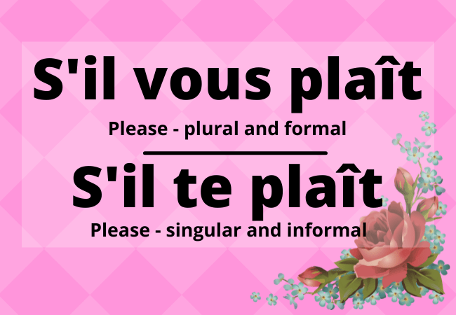 S'il vous pla&icirc;t: Please for plural and formal; S'il te pla&icirc;t: please for singular and informal.