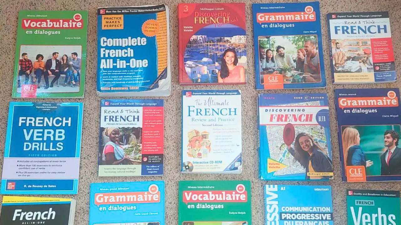 A personal collection of French learning books used by French teacher David Issokson, including grammar, vocabulary, and dialogue titles.