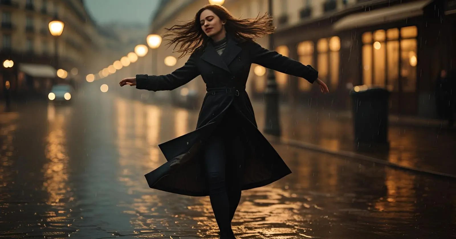 A cinematic image of a French woman dancing alone on a rainy Paris street at night. Wind in her hair, warm streetlamp light, poetic and emotional mood.