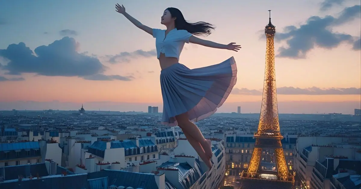 A poetic illustration of a young woman floating above Paris at dusk, inspired by the French song Derni&egrave;re danse. Flowing skirt, Eiffel Tower below.