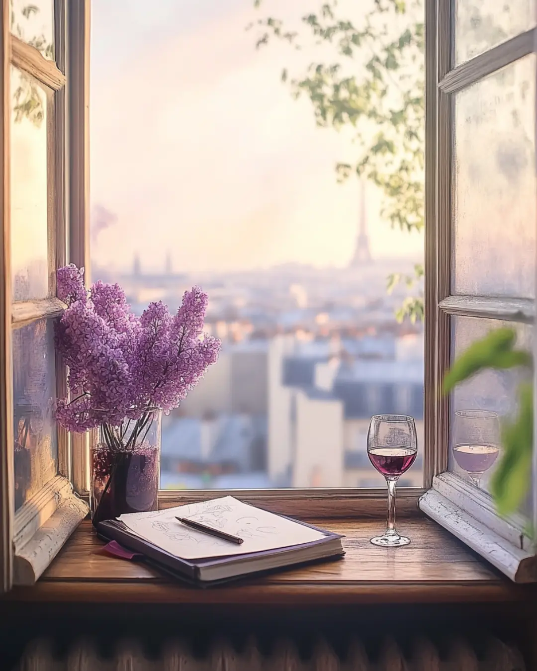 Open window in Paris with lilac flowers, a sketchbook, and a glass of red wine, inspired by La Boh&egrave;me.