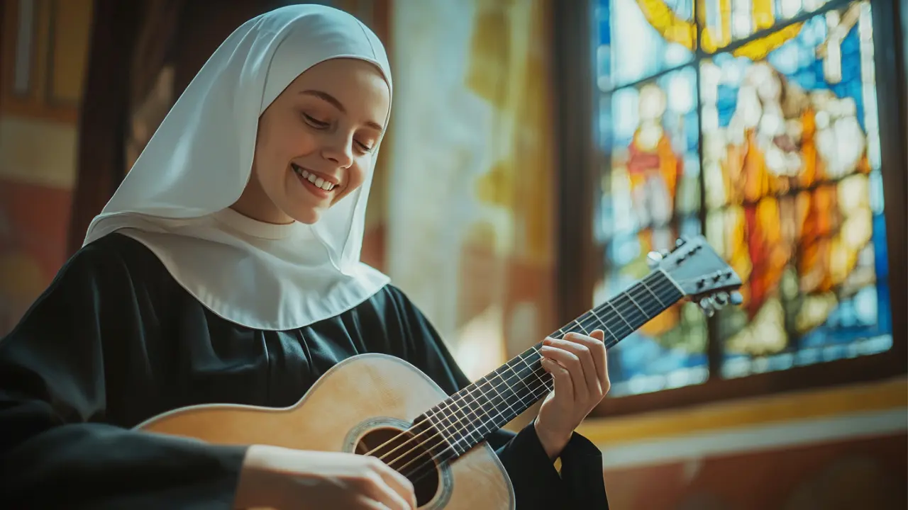A smiling Belgian nun in a 1960s-style habit playing acoustic guitar near a stained glass window, representing S&oelig;ur Sourire performing her hit song &ldquo;Dominique.&rdquo;