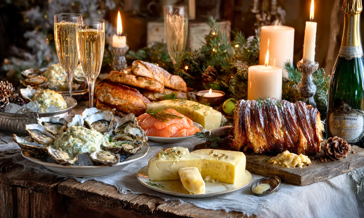 French Christmas traditions with decorated dinner table, candles and festive ambiance