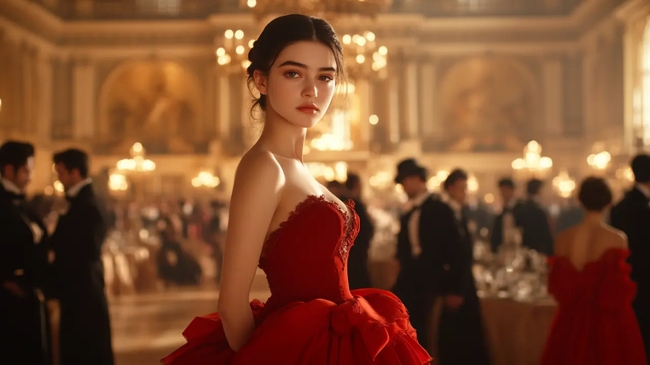 A beautiful French woman in a flowing red dress stands alone in a grand ballroom, looking directly at the camera with sadness in her eyes. Elegant guests appear slightly blurred in the background, adding emotional depth.