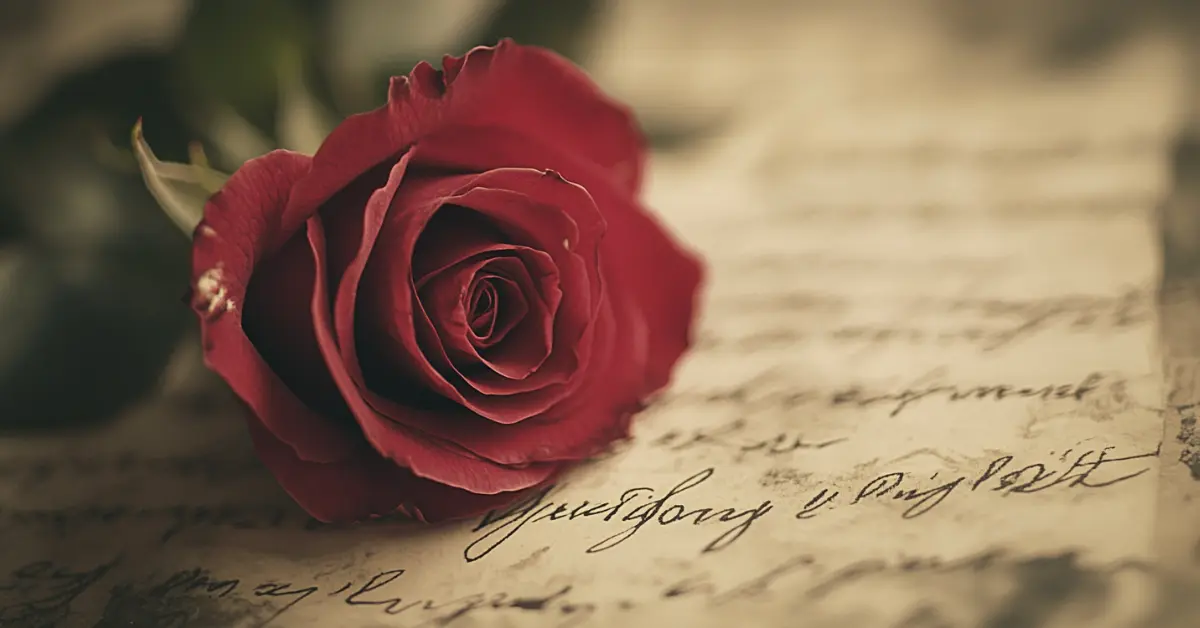 Close-up of a deep red rose on an old letter, inspired by &ldquo;Love Story&rdquo; French song lyrics, with blurred handwritten French words in the background.