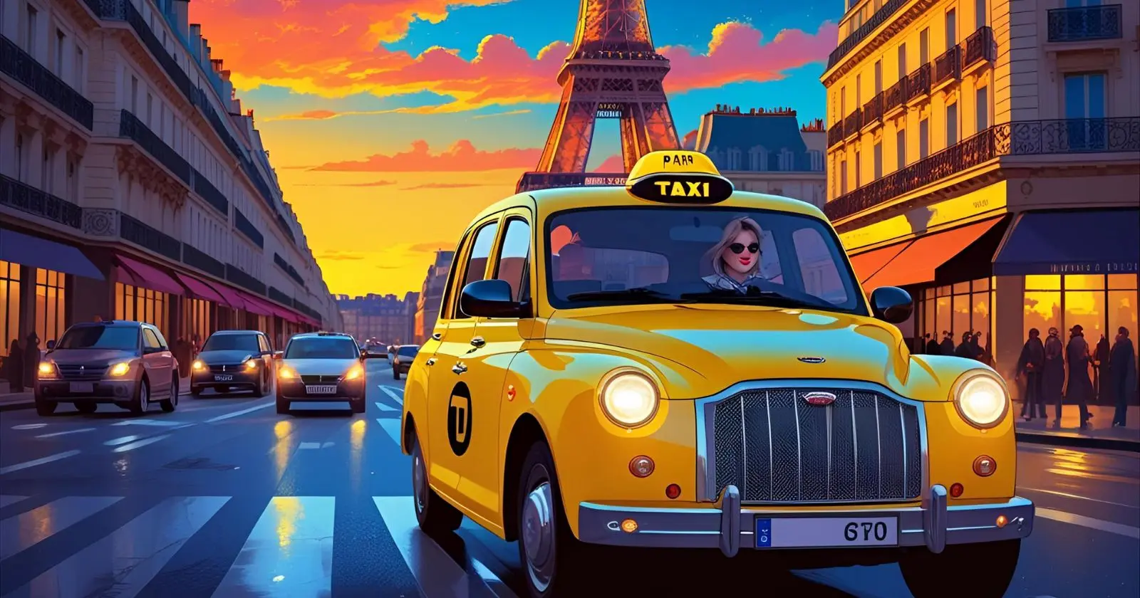 Yellow taxi driving in Paris at sunset with the Eiffel Tower in the background, representing Vanessa Paradis’ song Joe le Taxi.