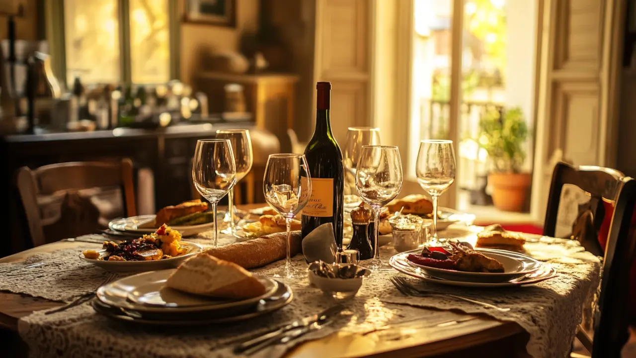 Elegant French dinner table set with wine glasses, baguette, and multiple courses, bathed in warm light &mdash; capturing the atmosphere of a formal French meal.
