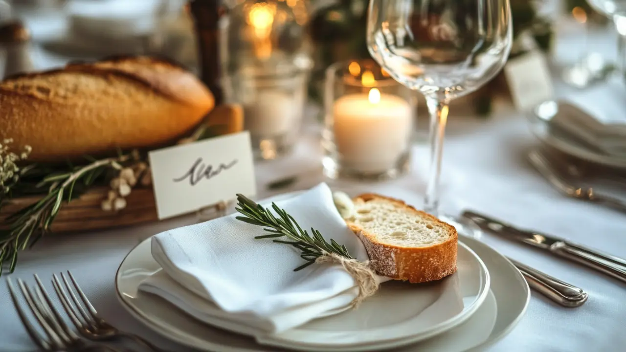 Elegant flat lay of a French dinner table with wine, baguette, silverware, and place card &mdash; showing ideal table setting and etiquette.