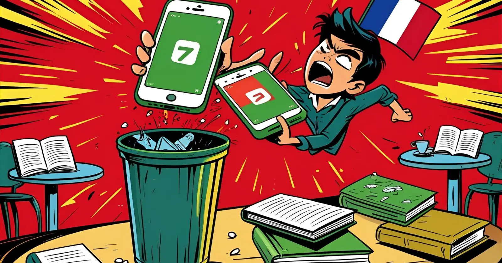 Frustrated French learner tosses green smartphone into trash. French books, flag, red-yellow comic-style background. Defiant, anti-app mood.