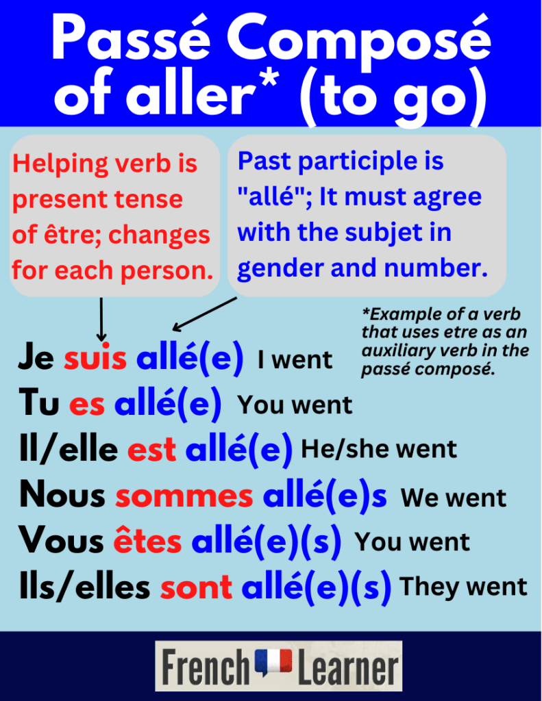 Aller conjugated in the pass&eacute; compos&eacute; in French. This is an example of verb that uses &ecirc;tre as an auxiliary verb.