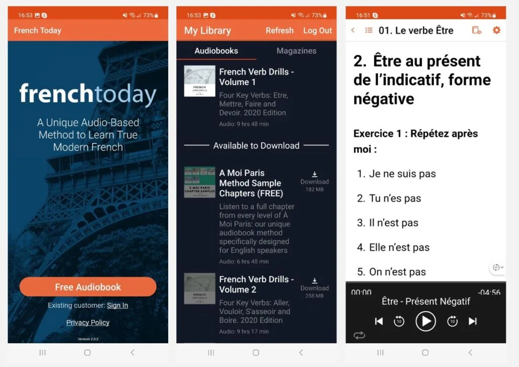 Example of French Today's app which you can use for the Verb Drills Course.
