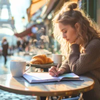 Student learning French at a Paris caf&eacute; in Paris &mdash; French language courses inspiration
