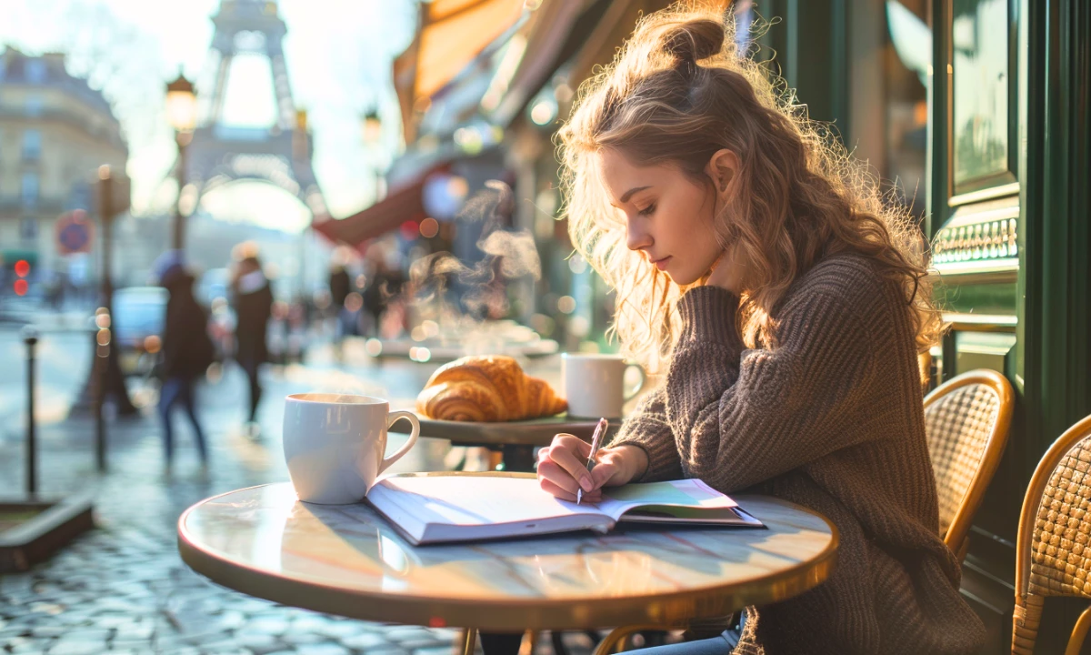 Young woman studying French at a Paris caf&eacute; before attending a language school