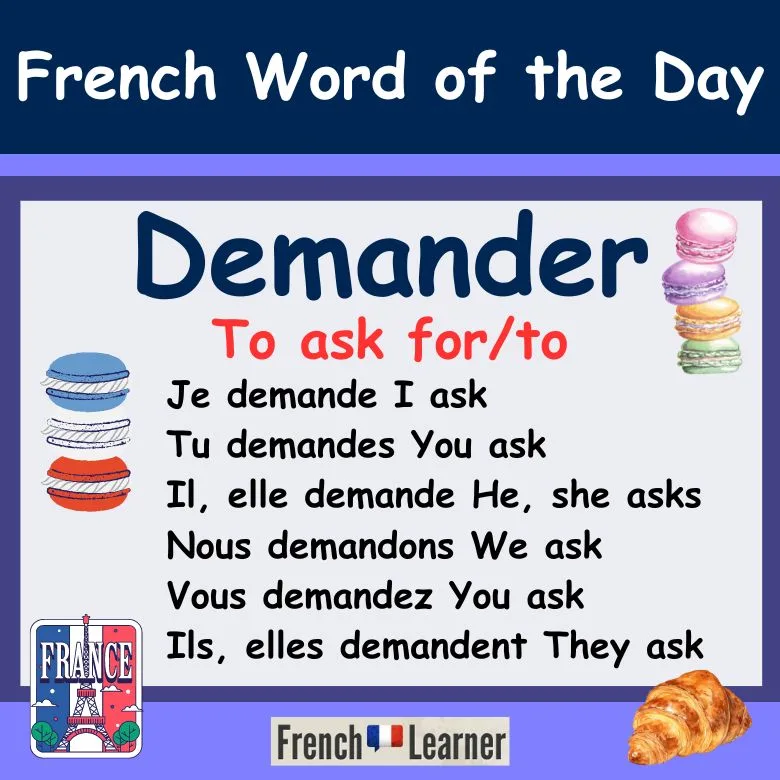 French lesson explaining how to use the verb demander (to ask for, to ask to)