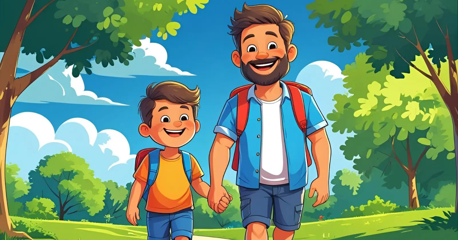 Illustration of a father and son walking in a bright park. Cartoon style, cheerful mood. French Word of the Day: le fils (son).