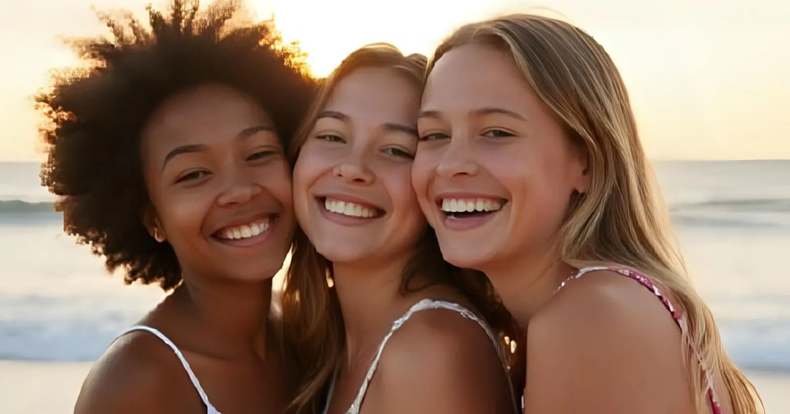 Three smiling girls at the beach, representing &ldquo;la fille&rdquo; &mdash; French Word of the Day on FrenchLearner.com