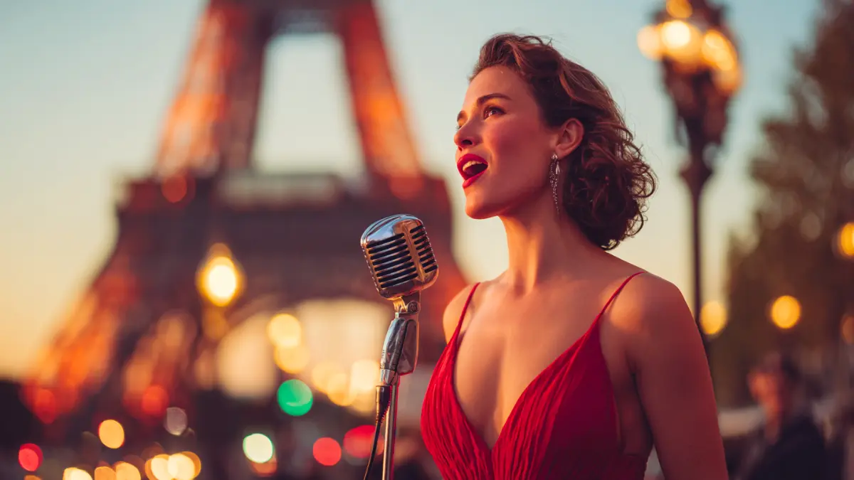 Woman singing into a vintage microphone in front of the Eiffel Tower at sunset &mdash; iconic Paris scene representing French song lyrics.