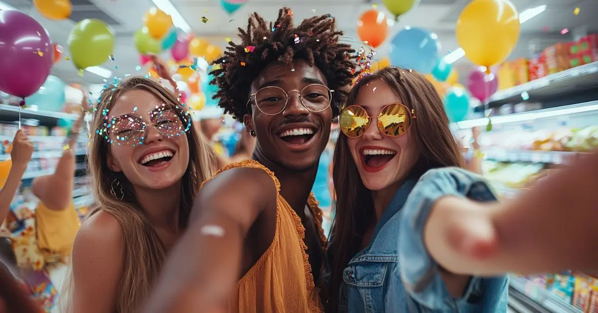 La f&ecirc;te lyrics by Amir &mdash; supermarket dance party scene with smiling people &mdash; French song lesson