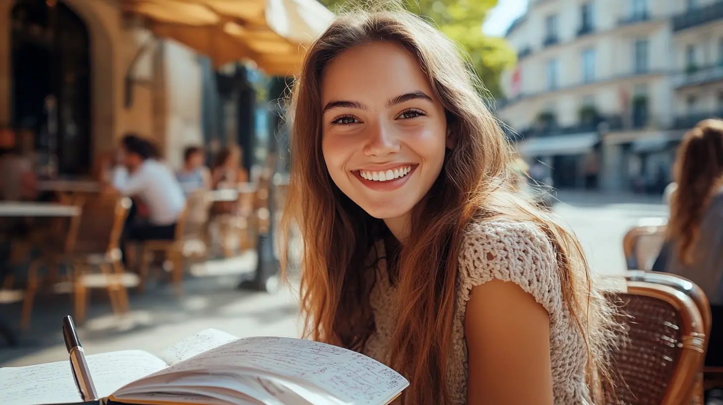 Young woman sitting and studying at a caf&eacute; in Paris &mdash; concept for the French verb tenir, featured in a quiz on FrenchLearner.com