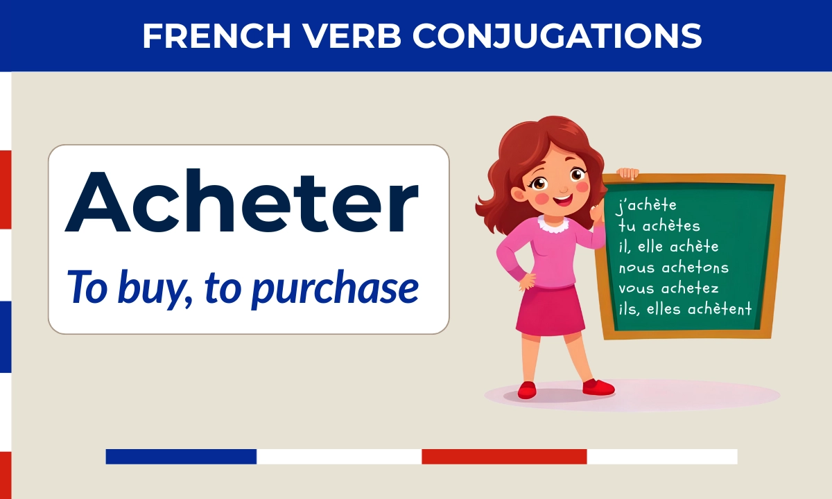 Acheter &ndash; French verb conjugation &ndash; j&rsquo;ach&egrave;te, tu ach&egrave;tes, il/elle ach&egrave;te, nous achetons, vous achetez, ils/elles ach&egrave;tent