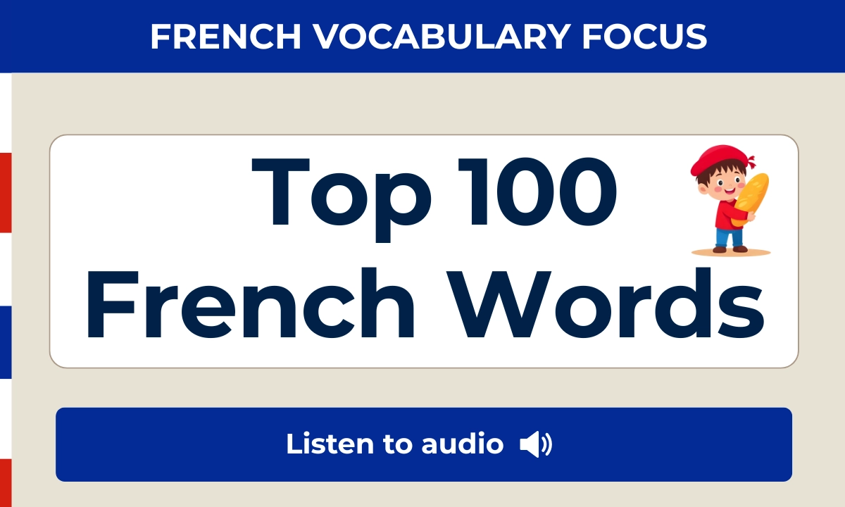 Top 100 French words &mdash; with audio and meanings, organized by category (greetings, numbers, food, family, colors).
