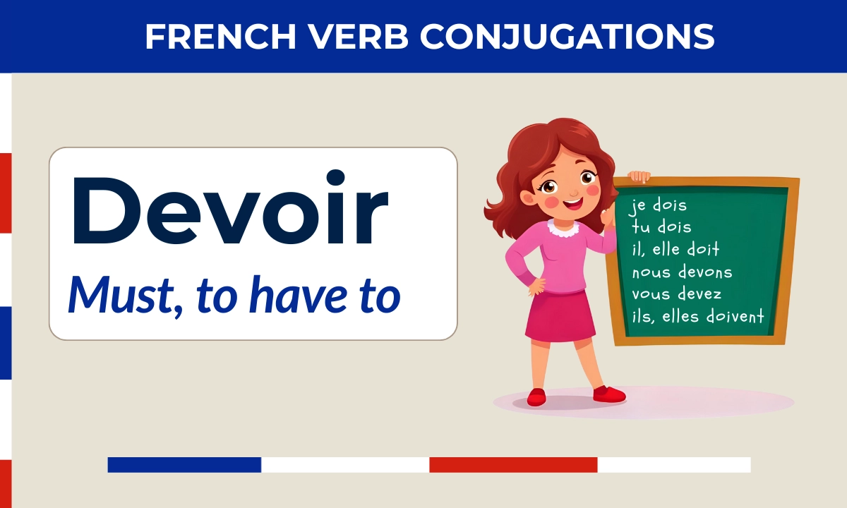 Devoir &ndash; French verb conjugation &ndash; je dois, tu dois, il/elle doit, nous devons, vous devez, ils/elles doivent