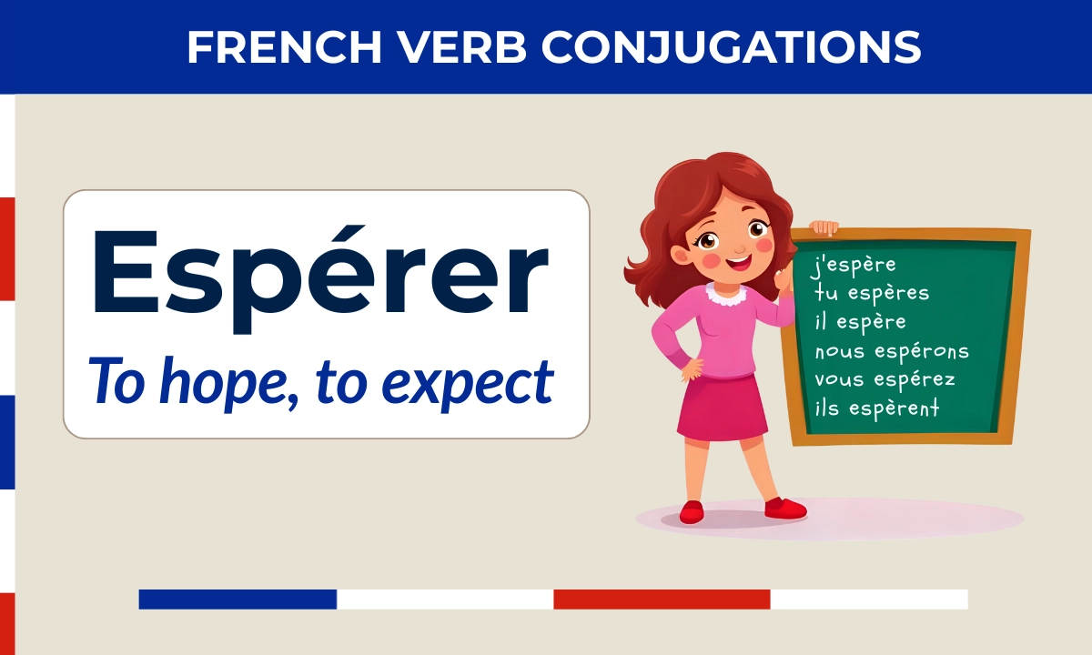 Esp&eacute;rer &ndash; French verb conjugation &ndash; j&rsquo;esp&egrave;re, tu esp&egrave;res, il/elle esp&egrave;re, nous esp&eacute;rons, vous esp&eacute;rez, ils/elles esp&egrave;rent