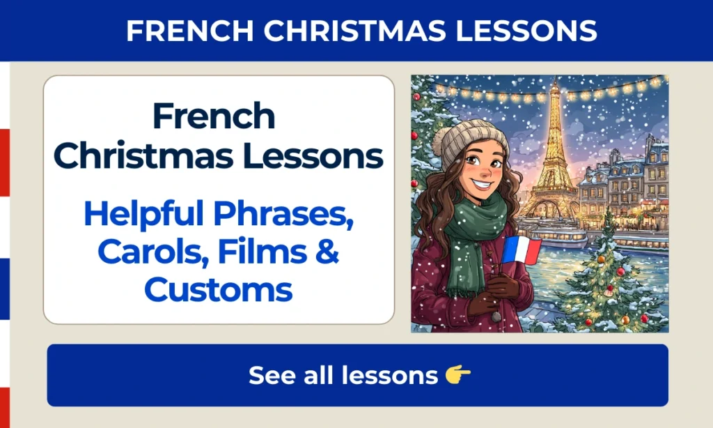 French Christmas Lessons hub image showing helpful phrases, carols, films, and customs with a female student holding a French flag and the Eiffel Tower in the background.