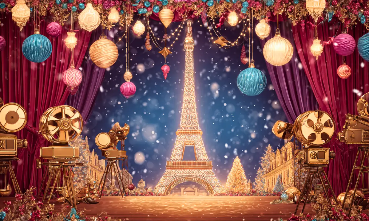 French Christmas movies themed image of a festive Paris cinema interior